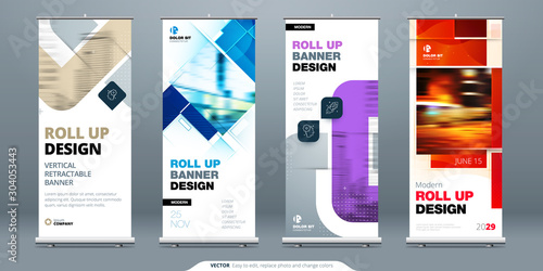 Business Roll Up Banner stand. Abstract Roll up background for Presentation. Vertical roll up, x-stand, x-banner, exhibition display, banner stand or flag design layout. Poster for conference, forum