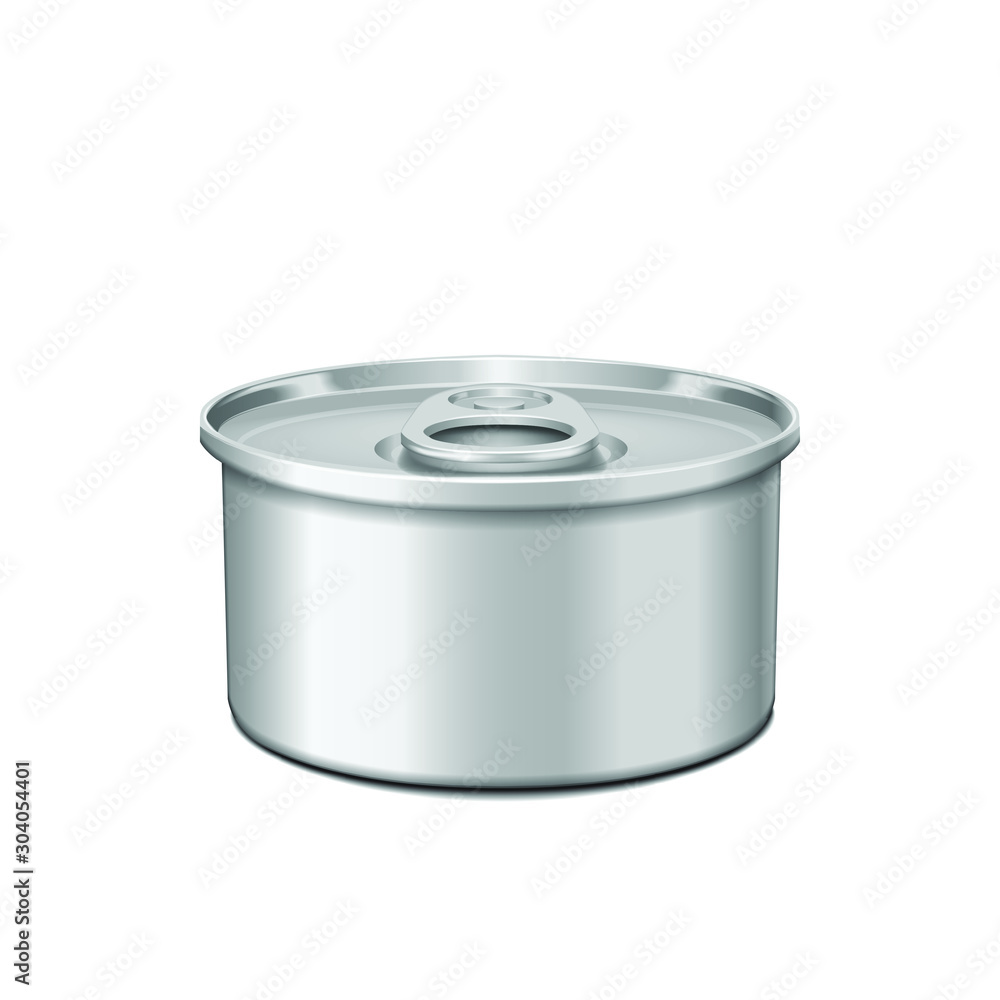 Low-profile tin can with opener. Packaging template. Vector illustration on white background Low-profile tin can with opener. Packaging template. Vector illustration on white background