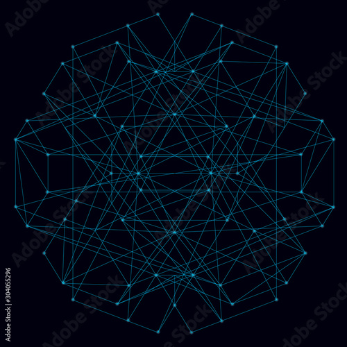 Abstract geometric shape of their blue lines on a dark background with luminous lights. Vector illustration