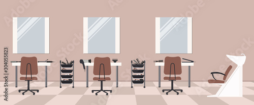 Hair salon in a cocoa color. Beauty salon. Interior. There are tables, chairs, a bath for washing the hair, mirrors, hair dryer in the image. Vector flat illustration