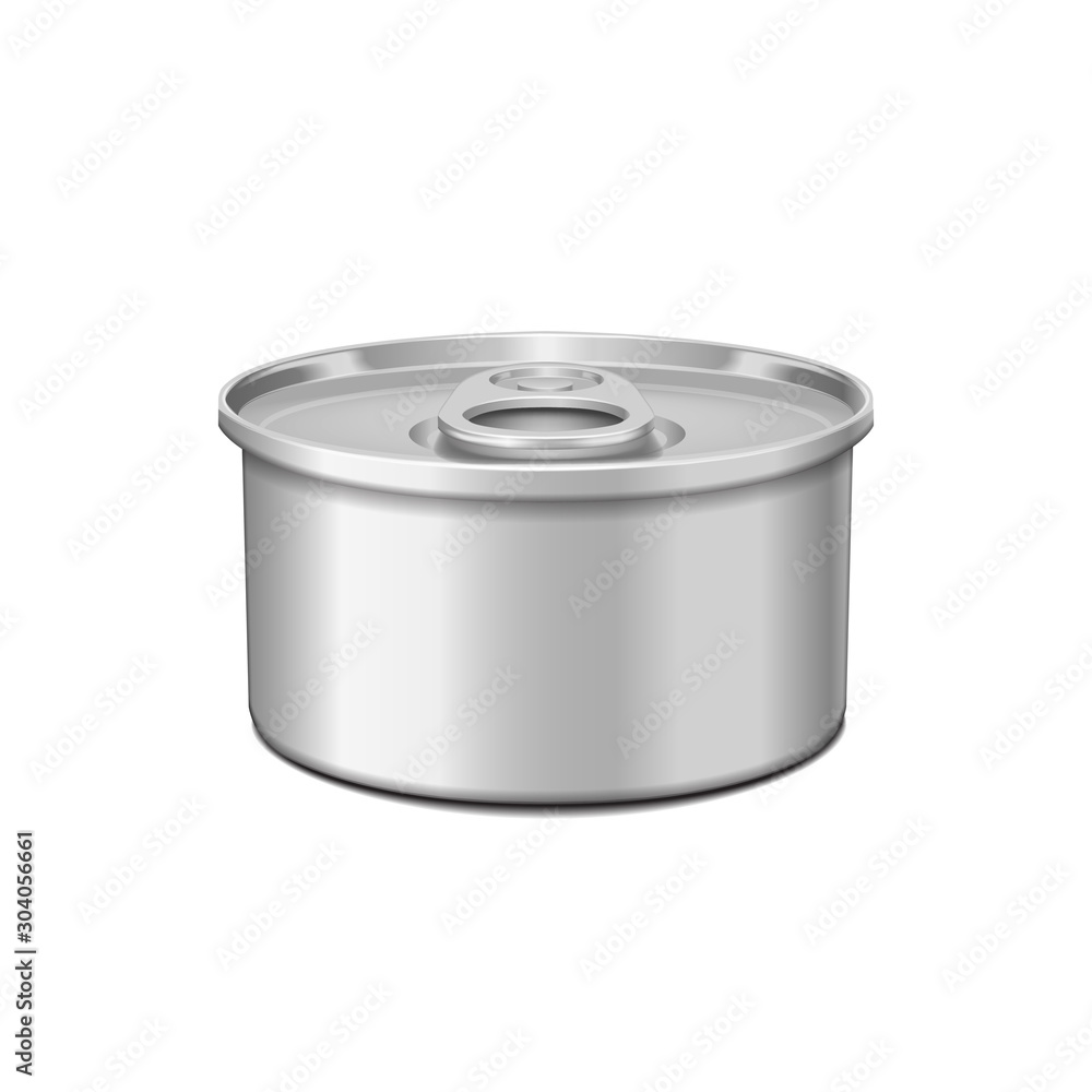 Low-profile tin can with opener. Packaging template. Vector illustration on white background Low-profile tin can with opener. Packaging template. Vector illustration on white background