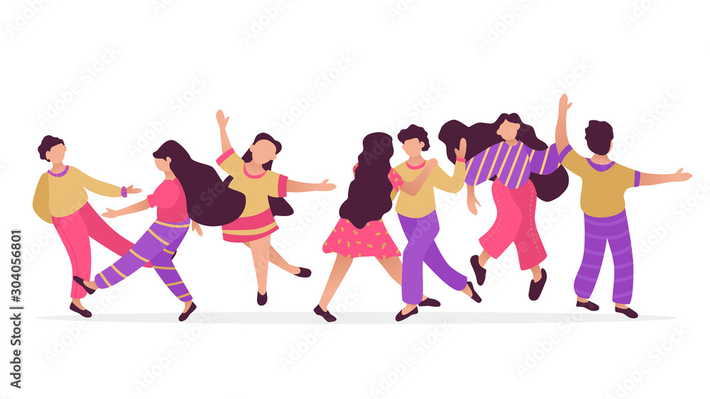 Male and female dancing characters. Set of flat happy people. Funny friends and couple dance and jump. Male and female dancing characters. Set of flat happy people. Funny friends and couple dance and jump.