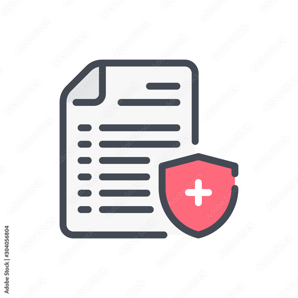 Insurance plans document color line icon. Medical document with shield vector outline colorful sign. Insurance plans document color line icon. Medical document with shield vector outline colorful sign.