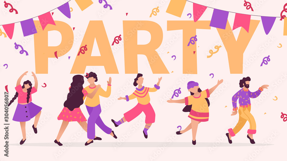 Group of happy dancing people at club. Design template of party banner. Male and female characters. Funny friends dance and jump.