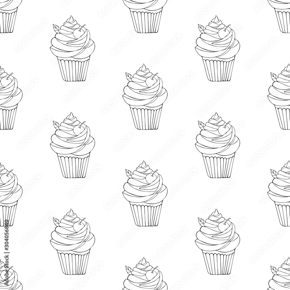 Seamless pattern of dessert in vector. Background of cake hand drawn. Illustration of sweet pastries for Valentine's day, birthday. Black line art on a white background. Sweet food.