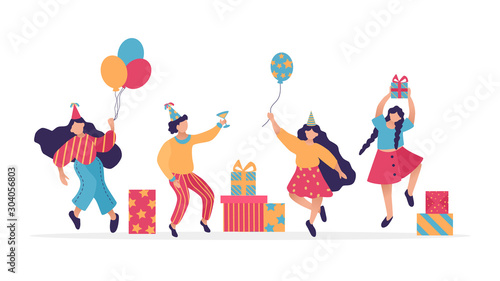 Group of happy dancing people at birthday party. Design template of congratulation banner. Male and female characters. Funny friends dance with gift, ballon.