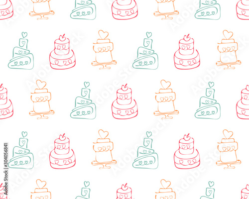 Seamless pattern of sweet desserts in vector. Piece of cake, tiered cake, pudding. Hand drawn colored background with Doodle elements on the theme of sweet pastries. For decoration, Wallpaper