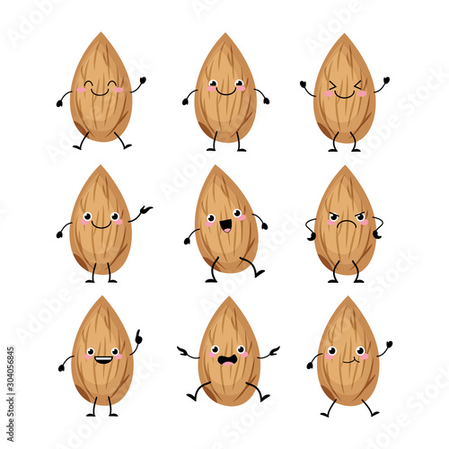 Cute almond characters set with different emitions vector illustration.