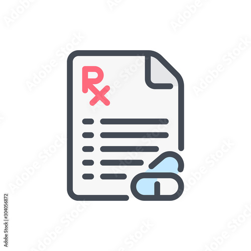 Prescription document with pills color line icon. Medical recipe vector outline colorful sign.
