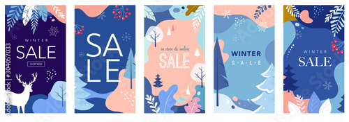 Collection of abstract background designs, winter sale, social media promotional content. Vector illustration
