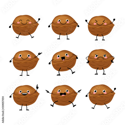Cute walnut characters set with different emitions