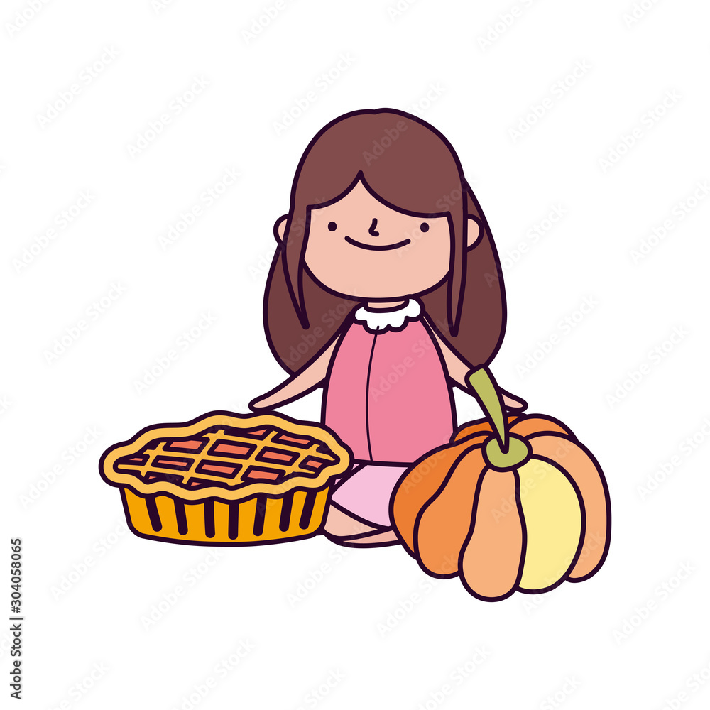 happy thanksgiving day cute little girl with sweet pie and pumpkin happy thanksgiving day cute little girl with sweet pie and pumpkin