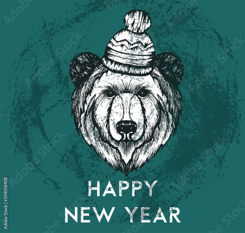 Retro Hipster Bear Animal Wearing Warm Winter Hat Vector Illustration