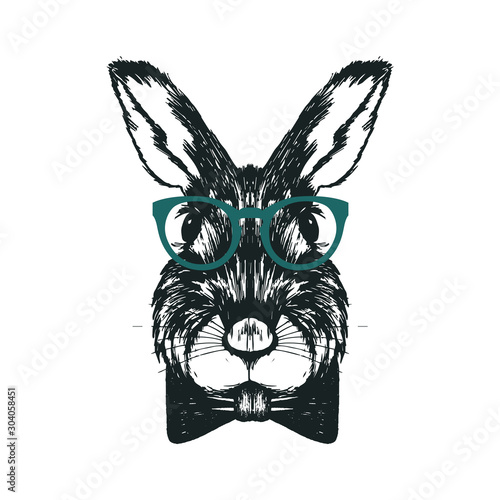 Hipster Fashionable Rabbit Wearing Bowtie and Glasses Vector Illustration