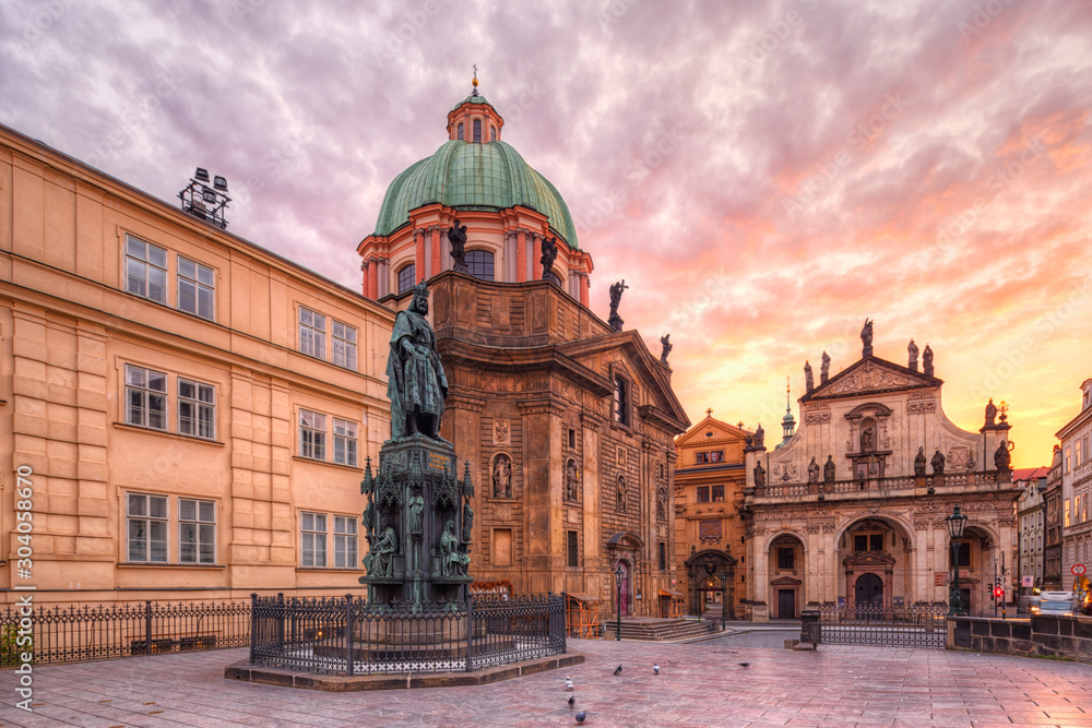 Statue of King Charles IV and Saint Francis Of Assissi Church in Prague, Czech Republic.