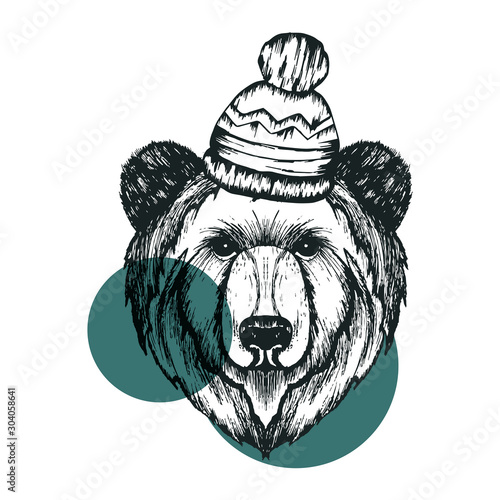 Retro Hipster Bear Animal Wearing Warm Winter Hat Vector Illustration