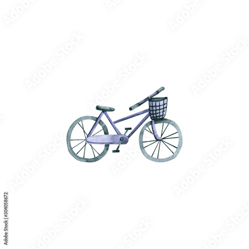 Watercolor violet bicycle. Hand drawn illustration isolated on white. Icon of bike is perfect for healthy lifestyle banner, tourist design, vacation poster, travel blogger, social media background