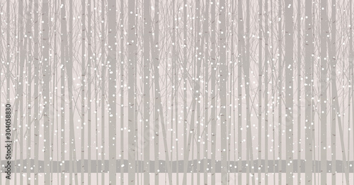Vector seamless pattern with young trees. Winter grove with birches, poplars or aspens in the snow. Decorative abstract background with snow-covered slender trees. Twilight landscape