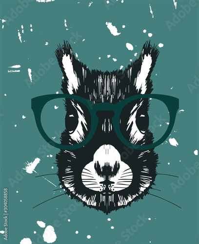 Sketched Cute Squirrel Neb Front View Wearing Hipster Glasses Vector Illustration
