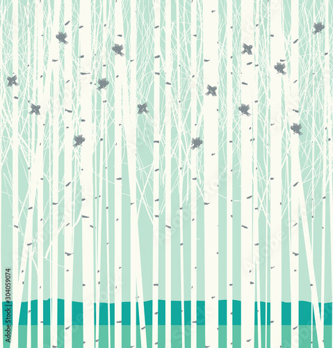 Vector seamless pattern with a picture of the birch forest with birds. Winter birch grove texture in white and blue colors. Young trees and funny birds on the blue sky background