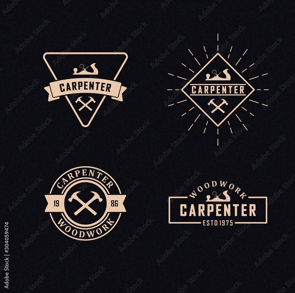 Fototapeta Color illustration set of carpenter logos on a background with texture. Vector illustration of a planer, crossed hammers, banner with text and rays. Professional carpenter services