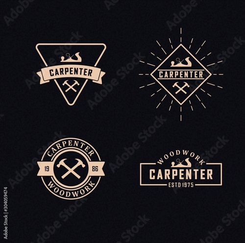 Color illustration set of carpenter logos on a background with texture. Vector illustration of a planer, crossed hammers, banner with text and rays. Professional carpenter services