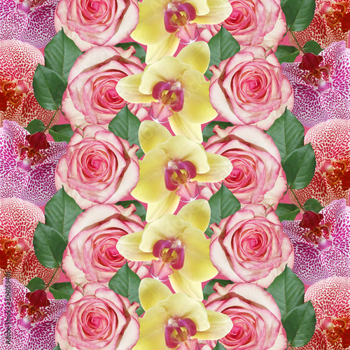 Beautiful floral background of orchids and roses. Isolated