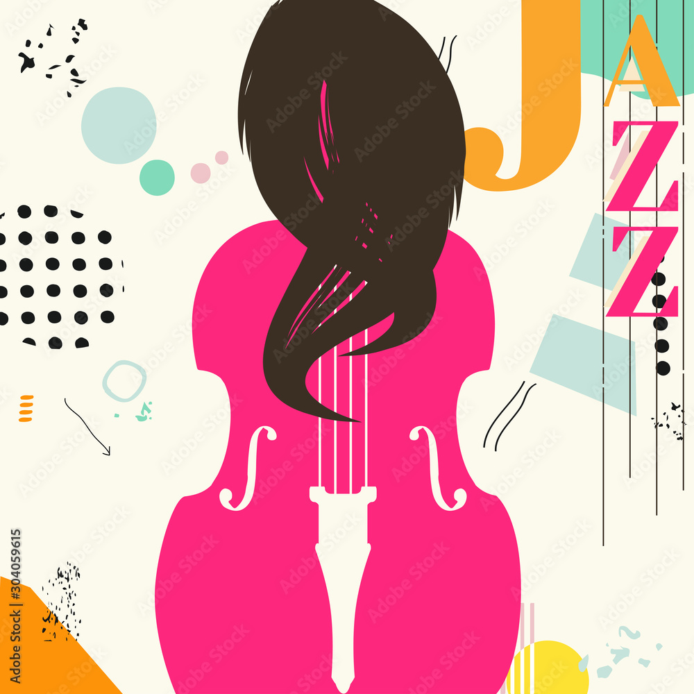 Jazz music promotional poster with violoncello and woman flat vector illustration. Colorful music background, music show, live concert events, party flyer design template Jazz music promotional poster with violoncello and woman flat vector illustration. Colorful music background, music show, live concert events, party flyer design template