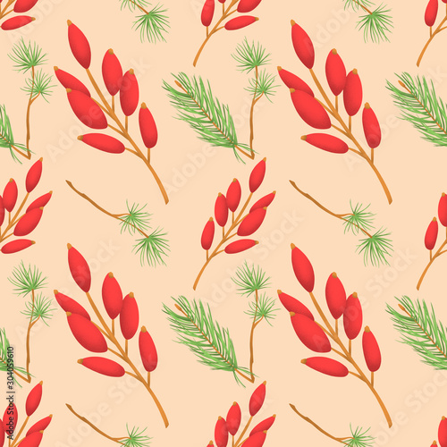 Christmas seamless pattern with rosehip and branch.
