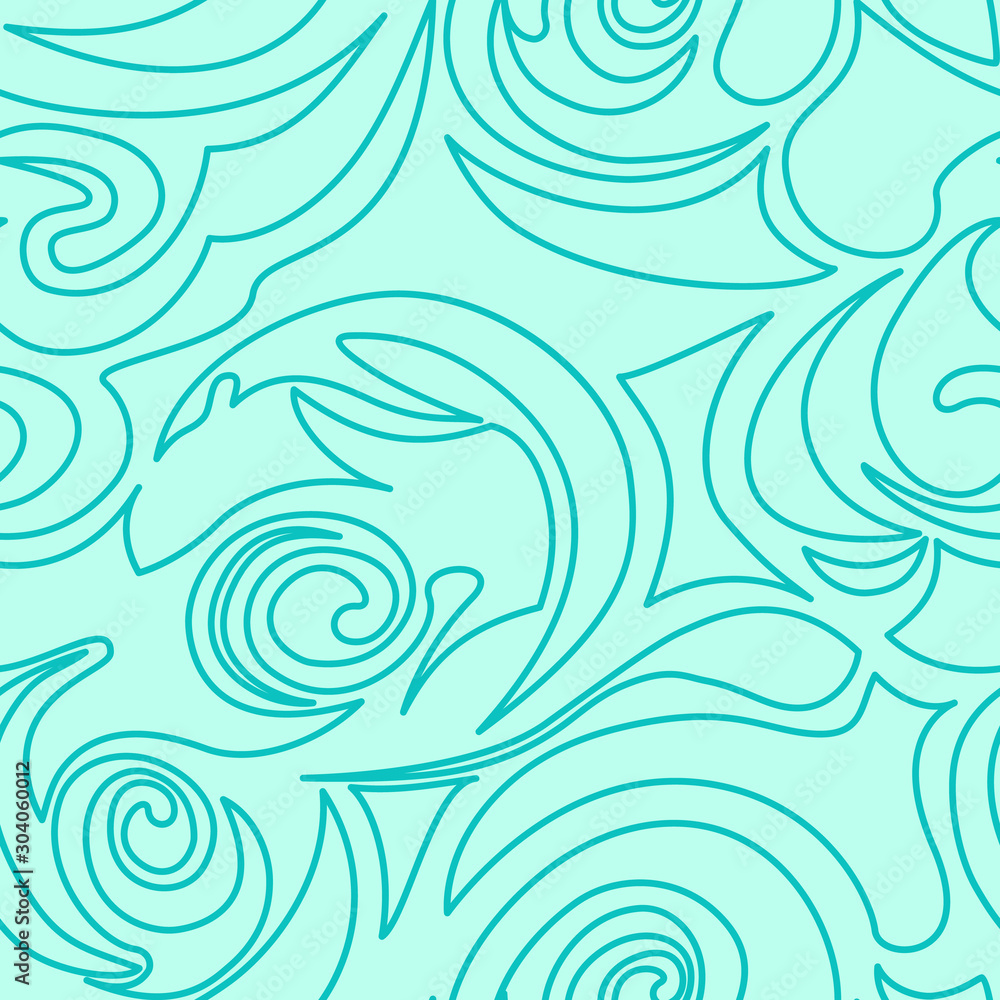 Seamless turquoise texture of spirals and curls in a linear style. Marine pattern in pastel colors. Spiral curls and whirlwind.