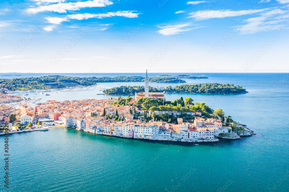 Croatia, panoramic view of beautiful blue Adriatic coast in Istria, aerial of old town of Rovinj