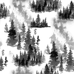 Fototapete Waldmuster Schwarzweißer Nadelwald im Winterschnee Aquarell  © Belus
