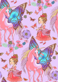 Cute princess and unicorn.  Seamless pattern. Vector illustration. Suitable for fabric, wrapping paper and the like. Will be well to look in the design of children's room