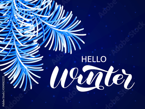 Hello Winter brush lettering. Vector illustration for card or banner