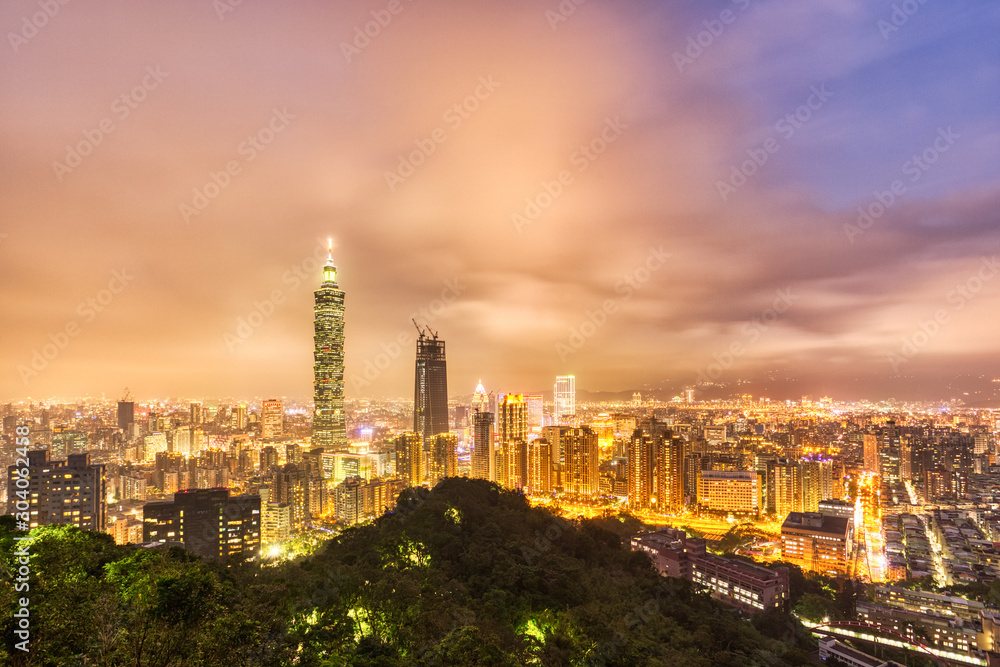 Aerial View of Illuminated Taipei at Night