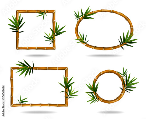 Vector bamboo frame set. Wooden frame made of bamboo sticks and bamboo leaves. Bamboo home decoration.