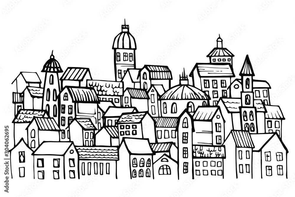 Hand drawn sketch houses. vector Doodle illustration. City, town, panorama