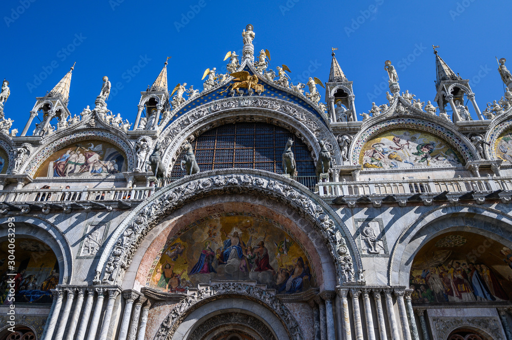 Venice, Italy. Details of facade, San Marco Basilica. The Patriarchal Cathedral Basilica of Saint Mark is the cathedral church of the Roman Catholic