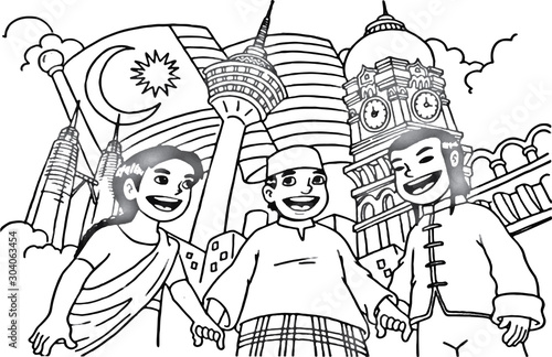 Vector illustration Indian  Malay and Chinese cartoon character with Kuala Lumpur skyscrapers background  coloring book for kids  and school.