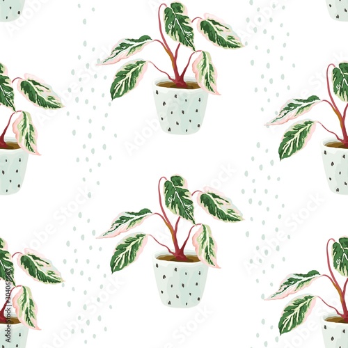 Floral seamless pattern with houseplant of colorful leaves in flower pots turquoise color. Vector illustration pastel colors on white background.