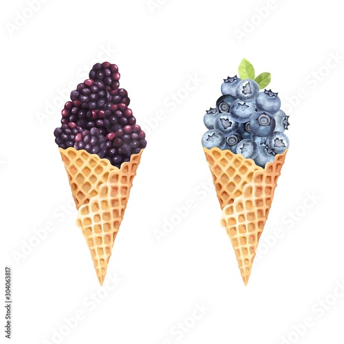 Fresh blueberries and blackberries in waffle cones, berry dessert. Vector isolated illustration in vintage watercolor style.