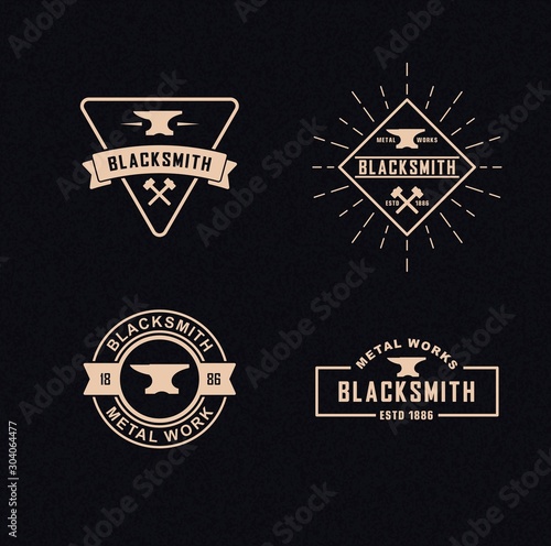 Color illustration a set of blacksmith logos on a background with a texture. Vector illustration of an anvil, banner with text, hammer and rays. Professional metal work