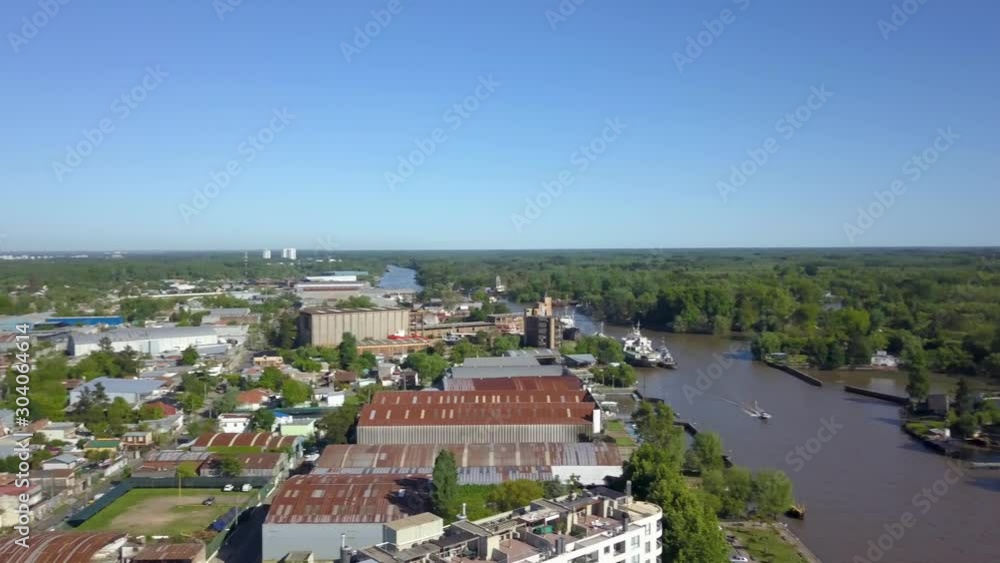 Aerial panning shot of beautiful Tigre town in Parana delta, Near Buenos Aires city