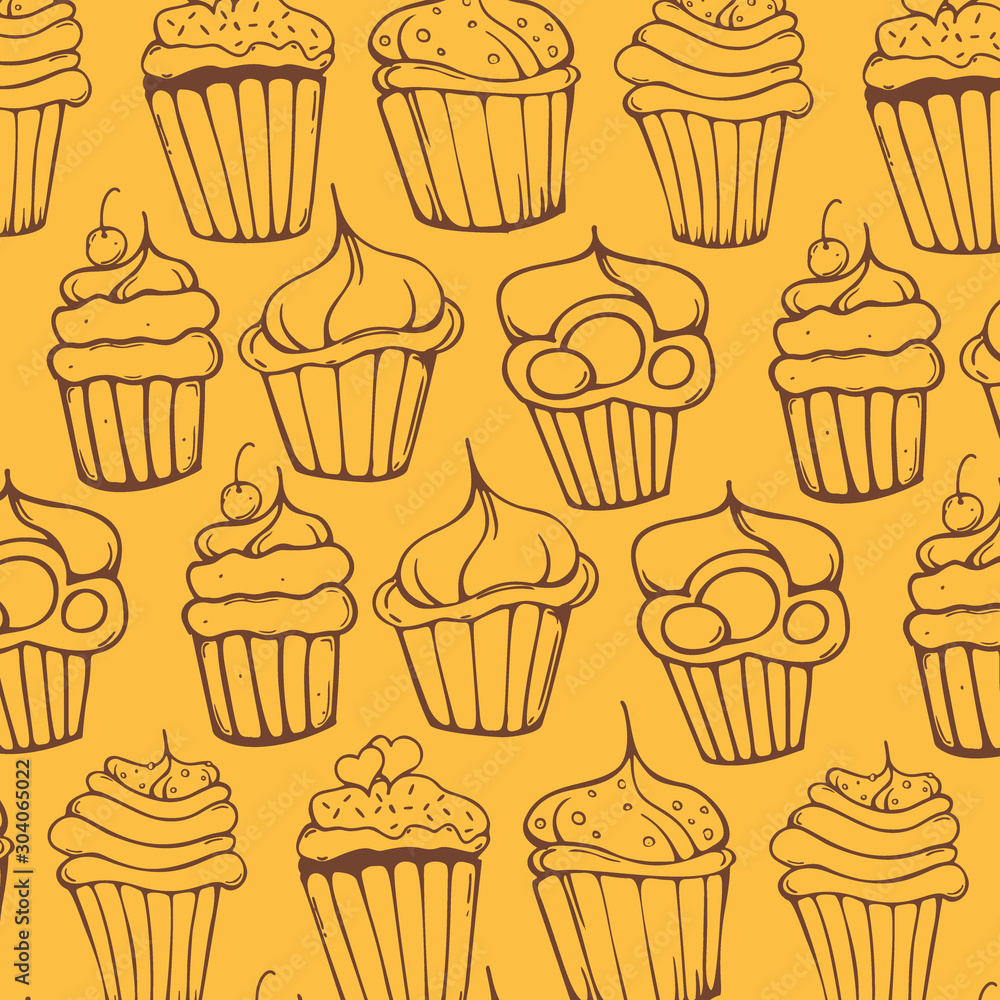  Sketches Cupcakes Background. Birthday cakes, desserts, hand drawing style.