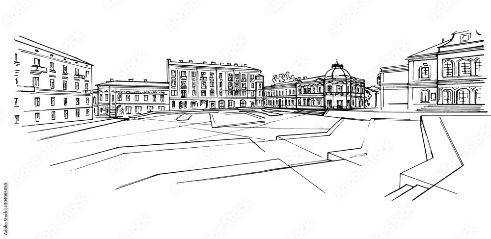 Hand drawn City vector illustration. The town square. Black & white ink sketch.
