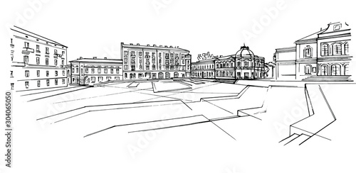 Hand drawn City vector illustration. The town square. Black & white ink sketch.
