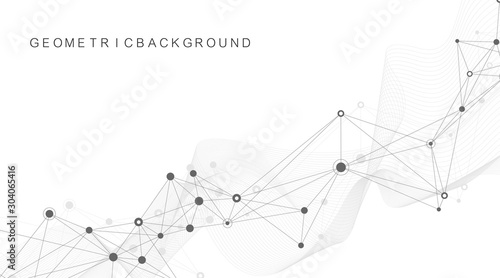 Geometric abstract background with connected line and dots. Network and connection background for your presentation. Graphic polygonal background. Wave flow. Scientific vector illustration.