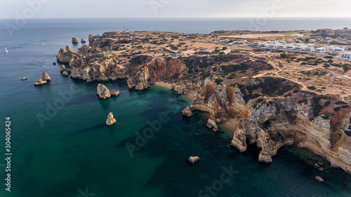 Aerial. Beautiful views of beaches of Lagos Town, from the sky. Portugal