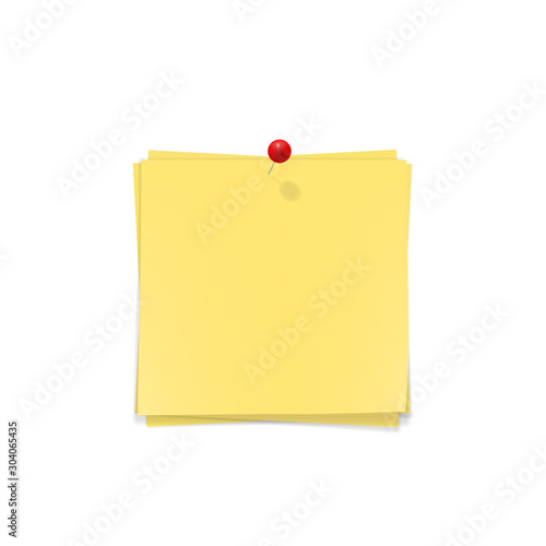 Vector set of 3 yellow note papers with red pin. Realistic memo notes with copy space isolated on white. Blank paper can be used as a background or template for your own projects. Eps 10.