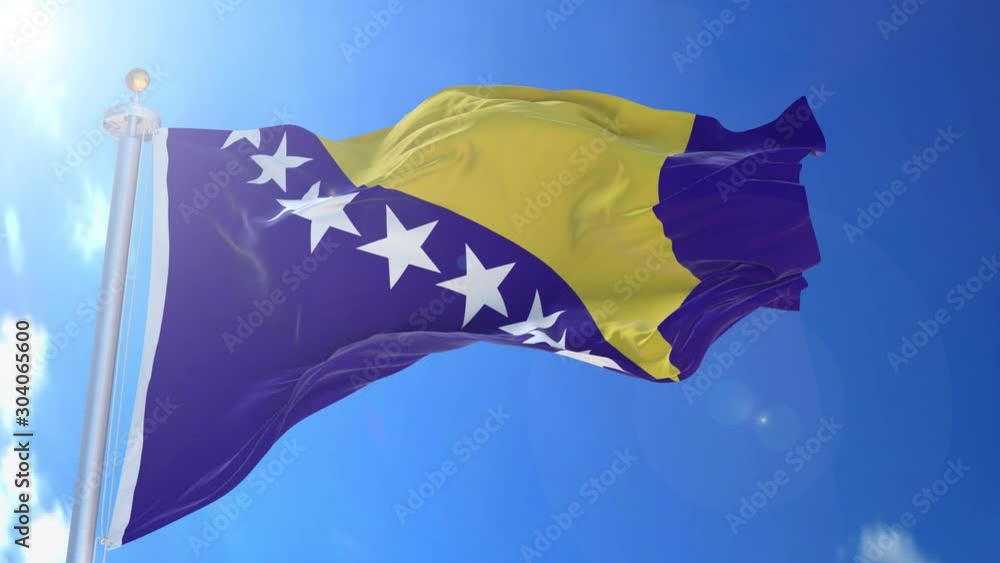 Bosnia and Herzegovina animated flag in the wind with blue sky in the ...